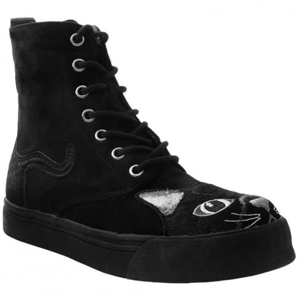 T.U.K -  Black Faux Suede Embroidered Kitty Combat Boot Sneaker